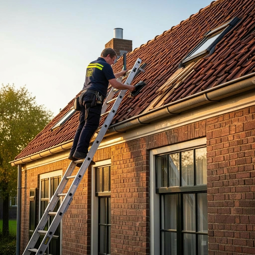 Inspecteur controleert dak en dakgoot van een Nederlandse woning
